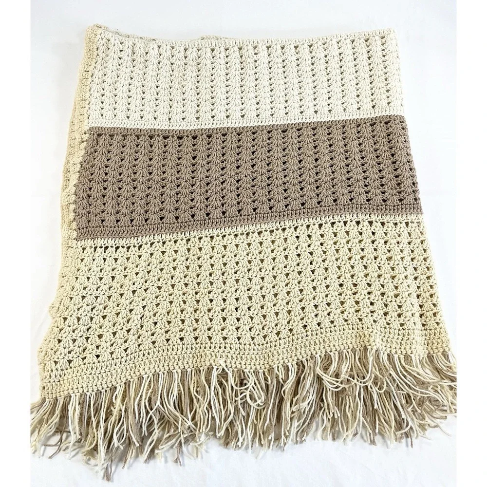 Vintage Waffle Stitch Crochet Afghan Blanket Fringed Throw Large‎ Tan Cream Boho